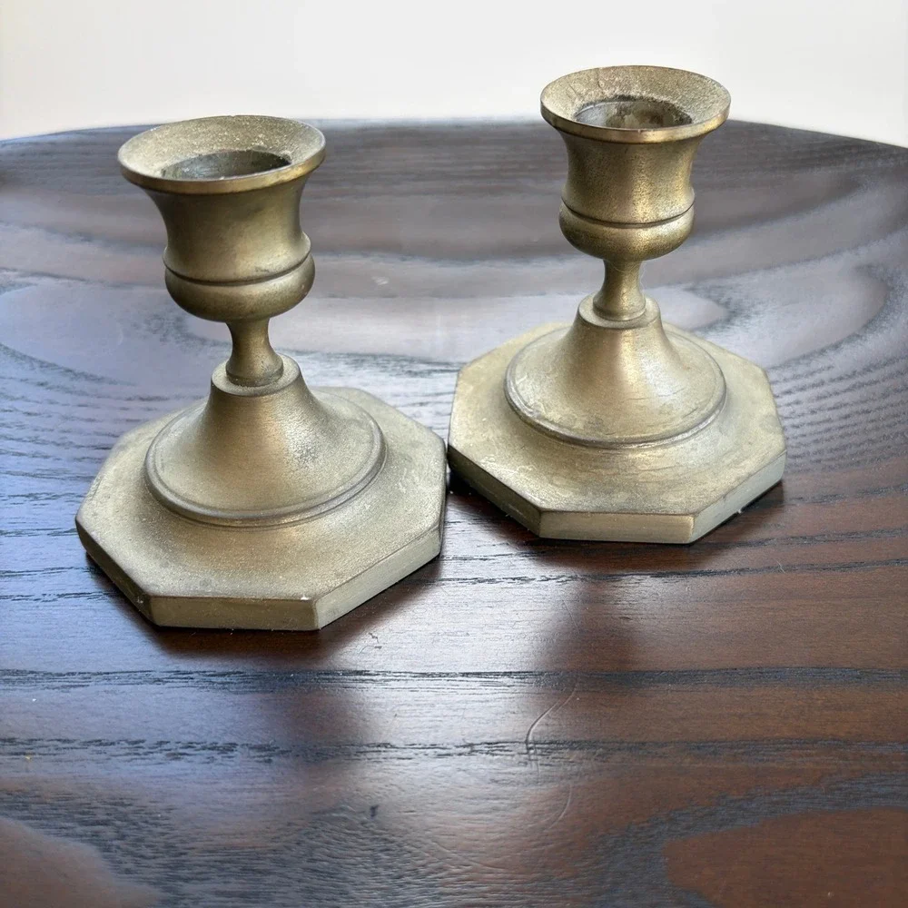 Ethan Allen Candlesticks Vintage Solid Brass Octagonal Taper Holders Gold Pair